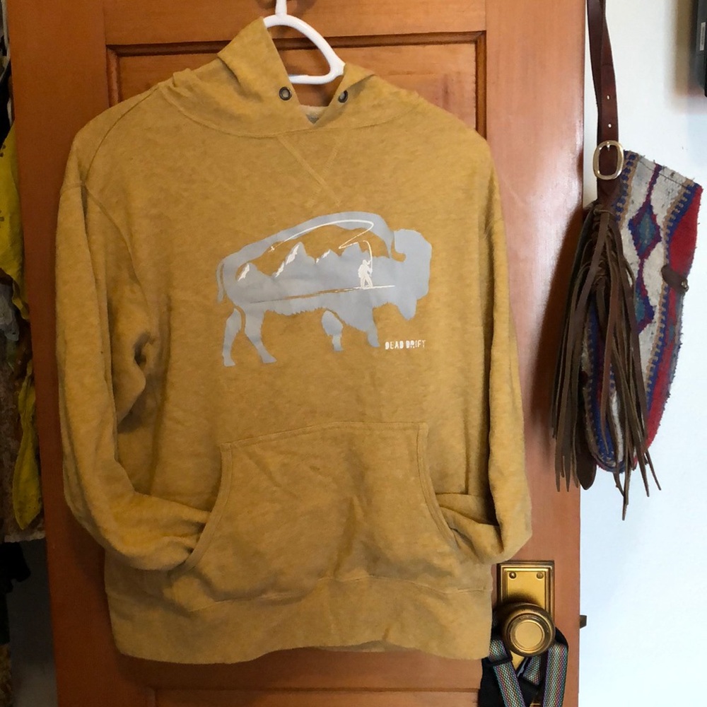 Mustard Dead Drift fly fishing sweatshirt